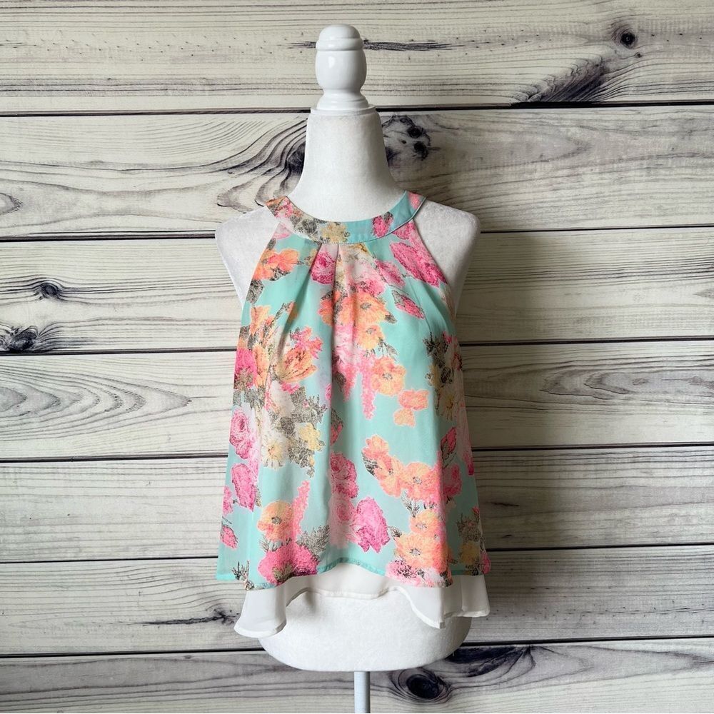 Lush Blue Multicolor Floral Layered Open Split Back Tank Top